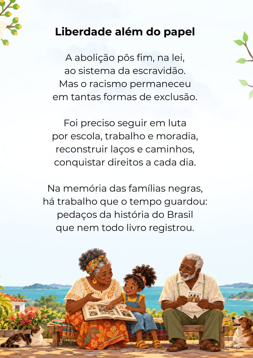Poema Liberdade além do papel, com duas pessoas negras idosas e uma criança observando fotografias de família.